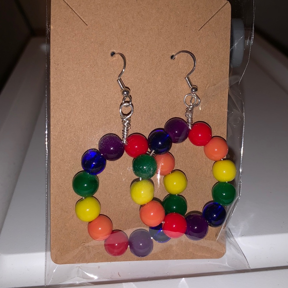 Rainbow Glass Beaded Hoop Earrings - Picture 3 of 7